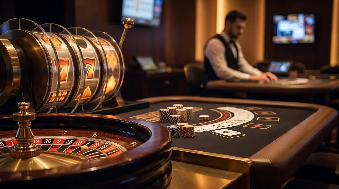 Casino game lobby featuring slots, roulette, blackjack and live dealer tables