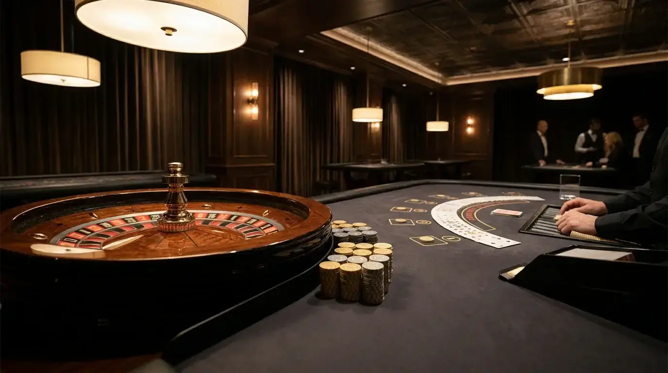 Live casino table with roulette wheel, playing cards and dealer area